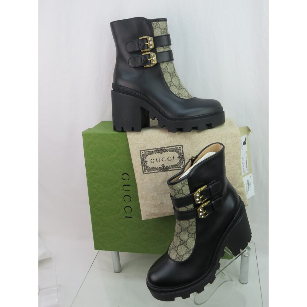 GUCCI SUPREME KENSINNGTON LEATHER LOGO MONOGRAM CRYSTALS BUCKLE SHORT BOOTS 39.5 - Picture 4 of 12